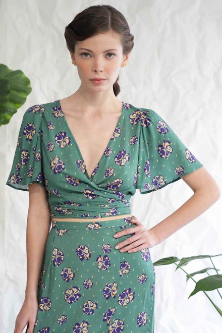 Wraparound Top With Puff Sleeves And Midi Aimee green floral
