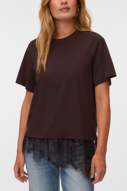 T-Shirt Vmbrit Ss O-Neck Lace 10353960 19-1109 TCX chocolate torte